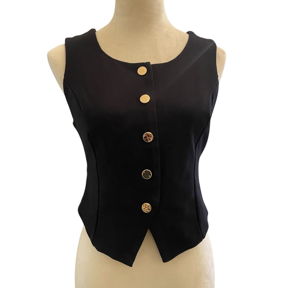 Women's Classic Size Medium Black Sleeveless Button-Front Vest with Gold Buttons